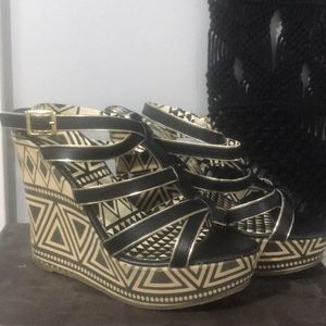 Aztec printed black cream and gold wedges